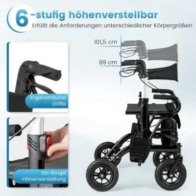 Rollator s pneumatikami skladací a ľahký so sedadlom 2 v 1 invalidný vozík a cestovný rollator čierny