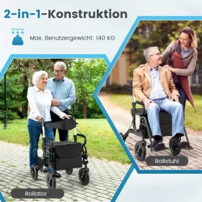Rollator s pneumatikami skladací a ľahký so sedadlom 2 v 1 invalidný vozík a cestovný rollator čierny