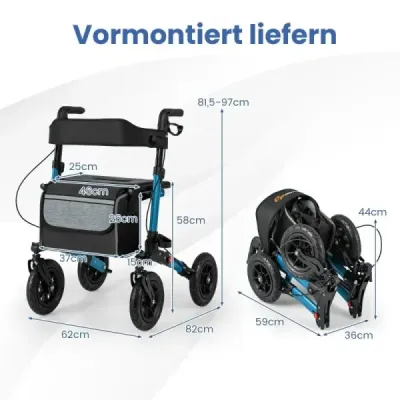 Valček s pneumatikami skladací a ľahký so sedadlom Hliník do 140 kg 2 v 1 invalidný vozík Modrá