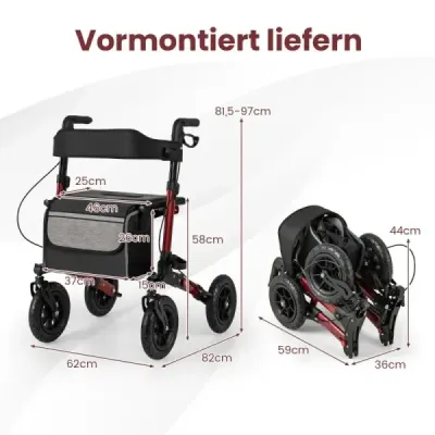 Rolátor s pneumatikami skladací a ľahký so sedadlom hliníkový do 140 kg 2 v 1 invalidný vozík červený