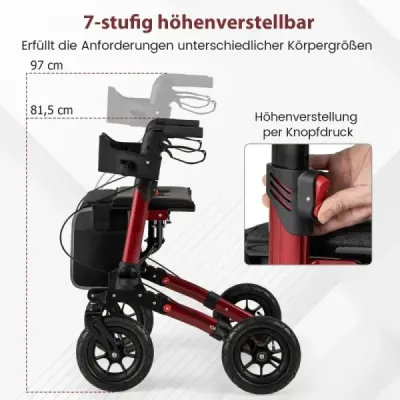 Rolátor s pneumatikami skladací a ľahký so sedadlom hliníkový do 140 kg 2 v 1 invalidný vozík červený