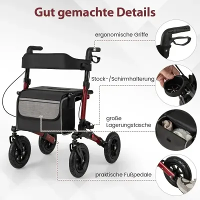 Rolátor s pneumatikami skladací a ľahký so sedadlom hliníkový do 140 kg 2 v 1 invalidný vozík červený
