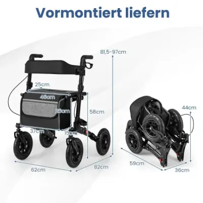 Rolátor s pneumatikami skladací a ľahký so sedadlom hliníkový do 140 kg 2 v 1 invalidný vozík čierny