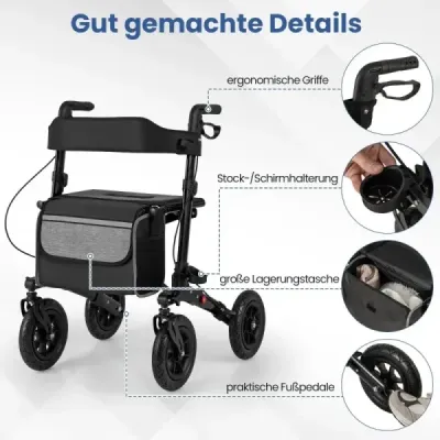 Rolátor s pneumatikami skladací a ľahký so sedadlom hliníkový do 140 kg 2 v 1 invalidný vozík čierny