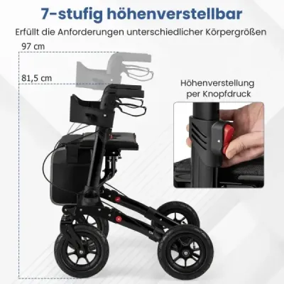 Rolátor s pneumatikami skladací a ľahký so sedadlom hliníkový do 140 kg 2 v 1 invalidný vozík čierny