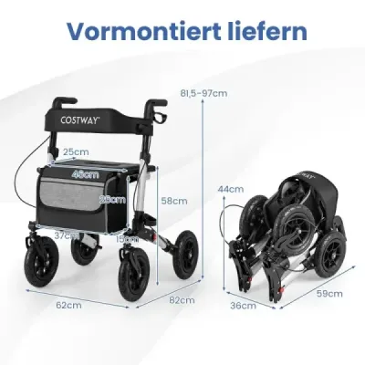 Rolátor s pneumatikami skladací a ľahký so sedadlom hliníkový do 140 kg 2 v 1 invalidný vozík strieborný
