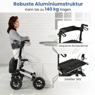 Rolátor s pneumatikami skladací a ľahký so sedadlom hliníkový do 140 kg 2 v 1 invalidný vozík strieborný