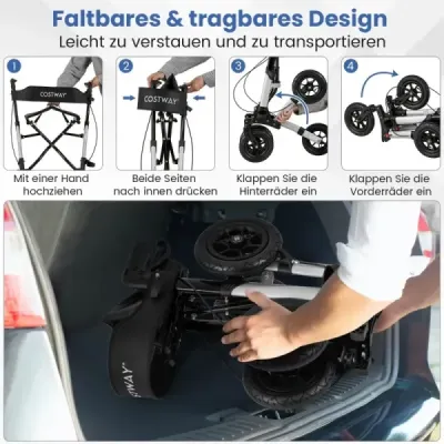 Rolátor s pneumatikami skladací a ľahký so sedadlom hliníkový do 140 kg 2 v 1 invalidný vozík strieborný