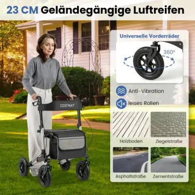 Rolátor s pneumatikami skladací a ľahký so sedadlom hliníkový do 140 kg 2 v 1 invalidný vozík strieborný