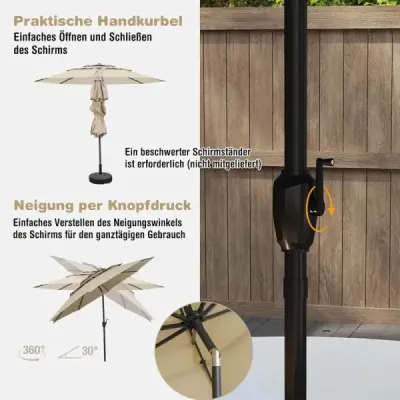 3-stupňový slnečník s kľukou Veterný záhradný slnečník Slnečník na terasu Balkónový slnečník Béžová farba