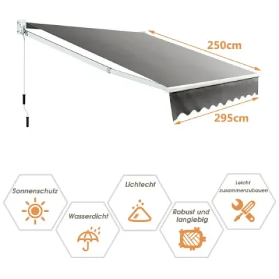 Slnečná ochranná výsuvná markíza Hliníková ochrana pred slnkom na terase 295 x 250 cm Sivá