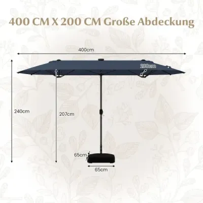 Dvojitý slnečník so stojanom, LED svetlami a UPF 50+, veľký slnečník 400 x 200 cm, námornícka modrá