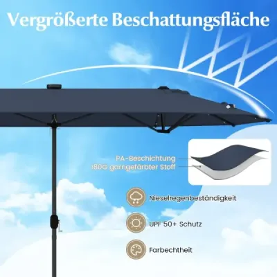 Dvojitý slnečník so stojanom, LED svetlami a UPF 50+, veľký slnečník 400 x 200 cm, námornícka modrá