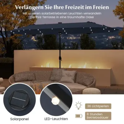 Dvojitý slnečník so stojanom, LED svetlami a UPF 50+, veľký slnečník 400 x 200 cm, námornícka modrá