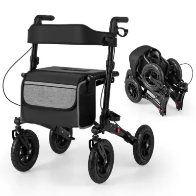 Rolátor s pneumatikami skladací a ľahký so sedadlom hliníkový do 140 kg 2 v 1 invalidný vozík čierny