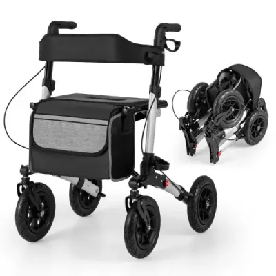 Rolátor s pneumatikami skladací a ľahký so sedadlom hliníkový do 140 kg 2 v 1 invalidný vozík strieborný