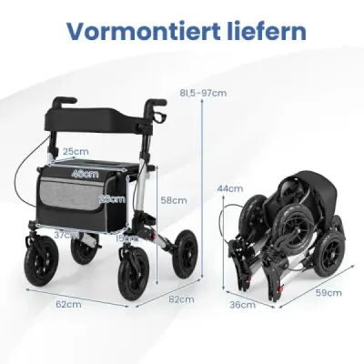 Rolátor s pneumatikami skladací a ľahký so sedadlom hliníkový do 140 kg 2 v 1 invalidný vozík strieborný