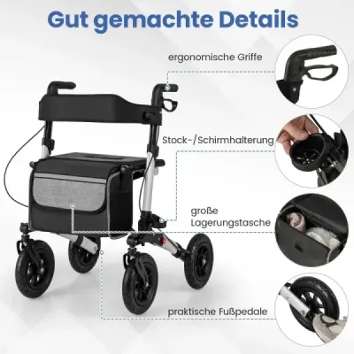 Rolátor s pneumatikami skladací a ľahký so sedadlom hliníkový do 140 kg 2 v 1 invalidný vozík strieborný