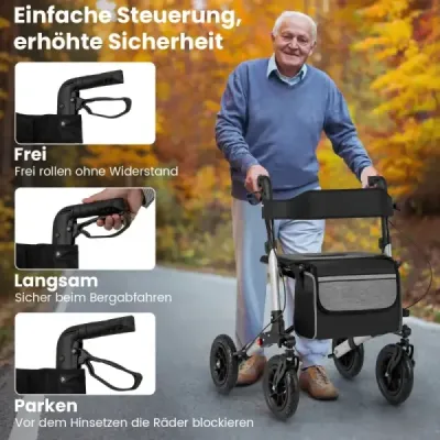 Rolátor s pneumatikami skladací a ľahký so sedadlom hliníkový do 140 kg 2 v 1 invalidný vozík strieborný