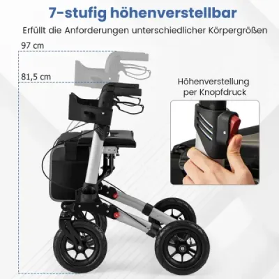 Rolátor s pneumatikami skladací a ľahký so sedadlom hliníkový do 140 kg 2 v 1 invalidný vozík strieborný