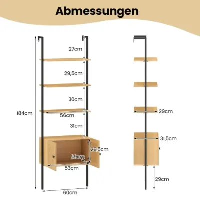 5-stupňový rebríkový regál nástenný regál so skrinkami proti nakloneniu a kovovým rámom 60 x 31 x 184 cm Prírodný