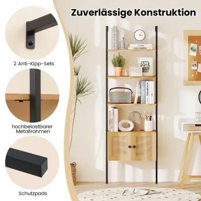5-stupňový rebríkový regál nástenný regál so skrinkami proti nakloneniu a kovovým rámom 60 x 31 x 184 cm Prírodný