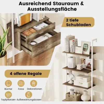 6-stupňový rebríkový regál s 2 zásuvkami nástenná knižnica s kovovým rámom sivá
