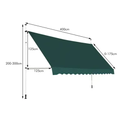 Svorková markíza 400 cm široká Balkónová markíza bez vŕtania Odolná voči UV žiareniu Výškovo nastaviteľná zelená
