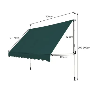 Svorková markíza 300 cm široká Balkónová markíza bez vŕtania Odolná voči UV žiareniu Výškovo nastaviteľná zelená