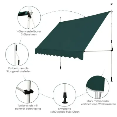 Svorková markíza 300 cm široká Balkónová markíza bez vŕtania Odolná voči UV žiareniu Výškovo nastaviteľná zelená