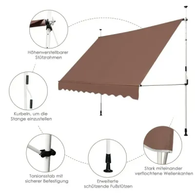 Svorka markízy 300 cm široká Balkónová markíza bez vŕtania Odolná voči UV žiareniu Výškovo nastaviteľná hnedá