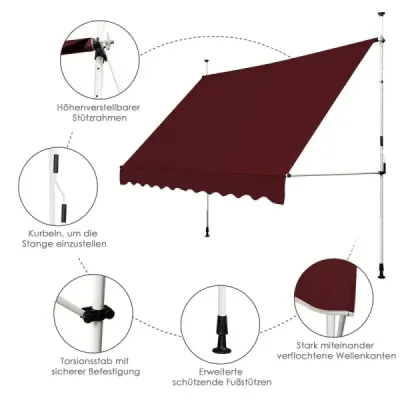 Svorková markíza 300 cm široká Balkónová markíza bez vŕtania Odolná voči UV žiareniu Výškovo nastaviteľná Víno červená