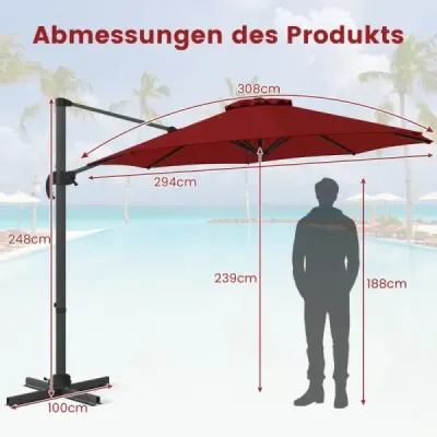 300 x 300 cm slnečník s kľukou 360° otočný konzolový slnečník Záhradný slnečník Trhový slnečník Červený