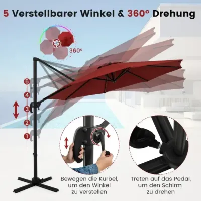300 x 300 cm slnečník s kľukou 360° otočný konzolový slnečník Záhradný slnečník Trhový slnečník Červený