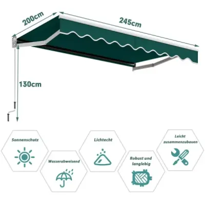 Markíza so sklopným ramenom 3 x 2,5 m Slnečná markíza Balkónová markíza Terasová markíza Svorková markíza s UV a vode odolným materiálom Zelená