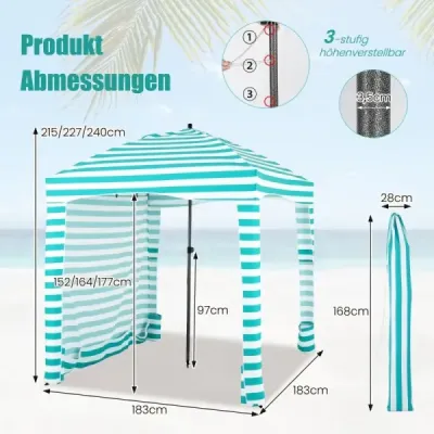 Slnečník s odnímateľnou bočnou stenou a 8 vrecami s pieskom prenosný plážový stan s taškou na prenášanie 183 x 183 cm zelený