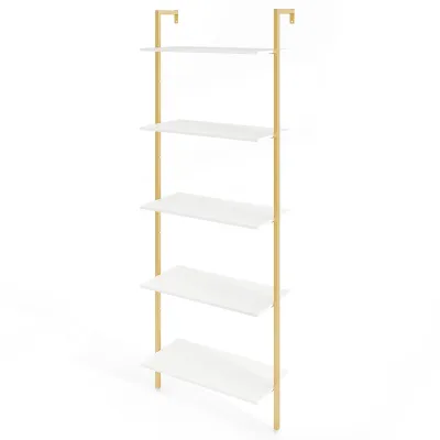 5-stupňový rebríkový regál s kovovým rámom a nastaviteľnými podložkami pod nohy Nástenný regál na knihy