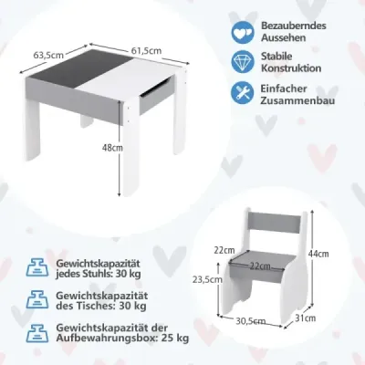 Detský stôl s 2 stoličkami Detská sedacia súprava s obojstrannou a odnímateľnou doskou Svetlosivá
