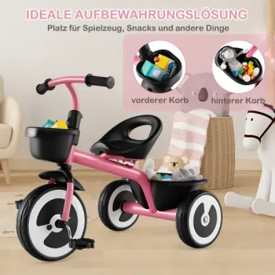 Balančný bicykel pre deti Balančné bicykle s nastaviteľným sedadlom a 2 košíkmi vpredu a vzadu Ružový