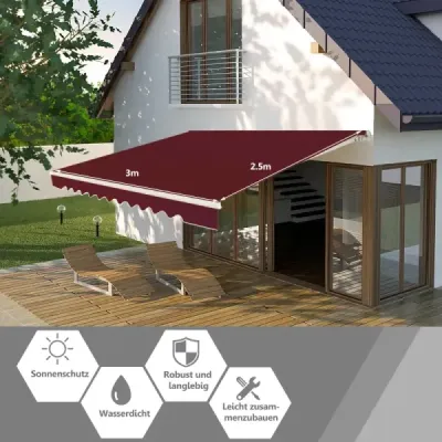 Markíza s kľukou Sťahovacia markíza Hliníková ochrana pred slnkom na terase 3 x 2,5 m - vínová červená