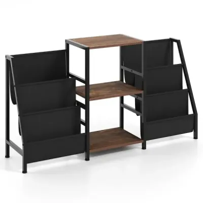 Stojan na gramofón s policou na vinyly a 3 policami a 6 úložnými vreckami Stojan na gramofónové platne