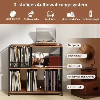 3-úrovňový stojan na gramofón až pre 300 albumov a 3 odnímateľné priehradky